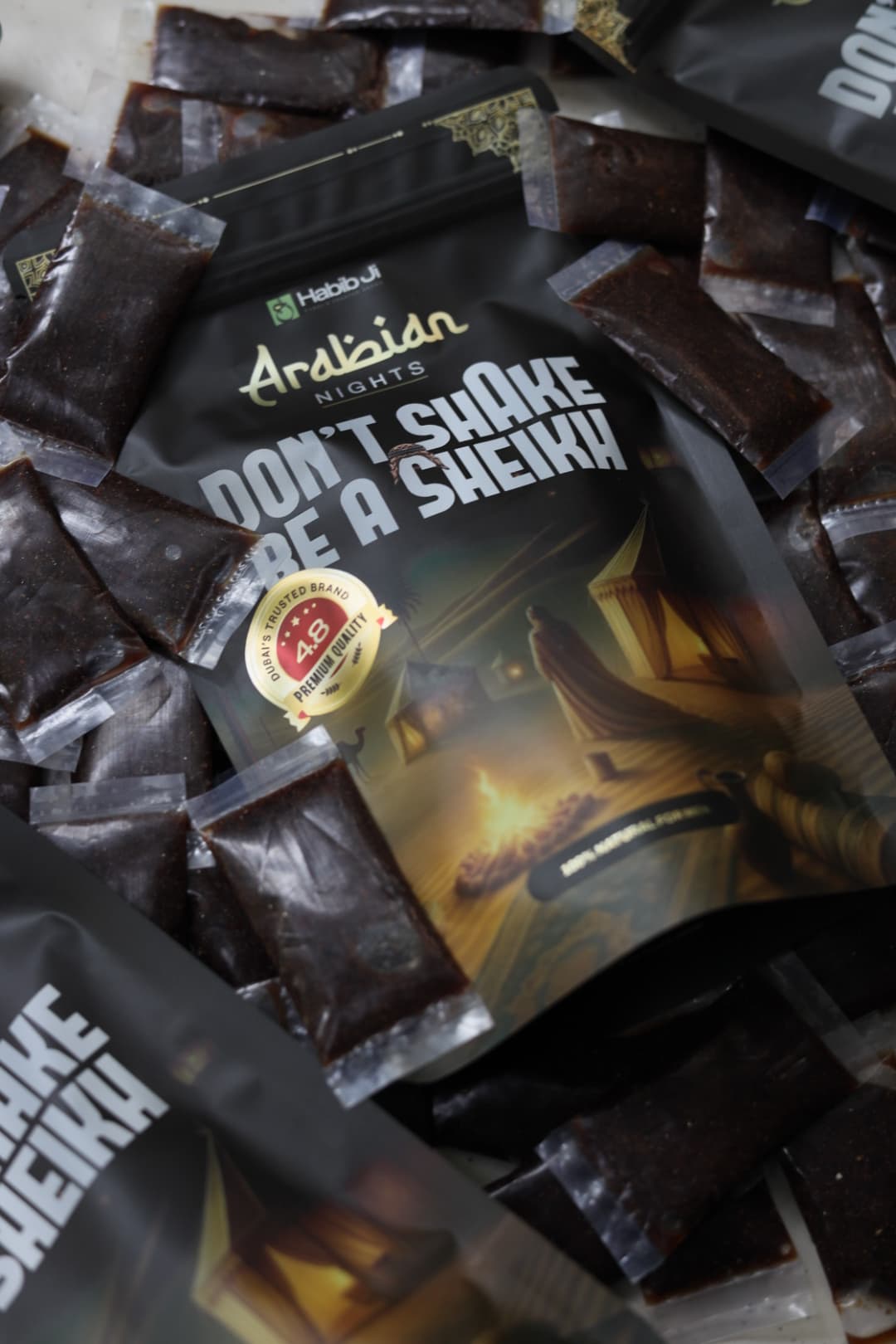 Close-up of Habib Ji Arabian Nights single-serve sachets